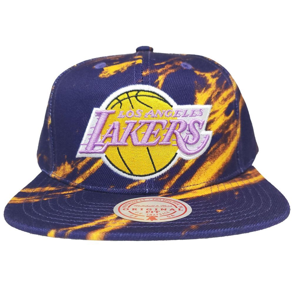 LA Lakers Mitchell & Ness Snapback Hat Cap 3D Logo Marble Art‎ Purple Yellow NWT